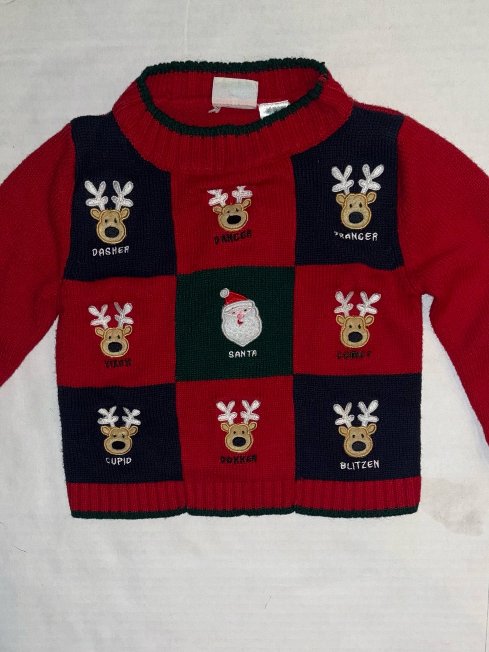 Kids Holiday Reindeer & Santa Knit Sweater - Red, Navy & Green